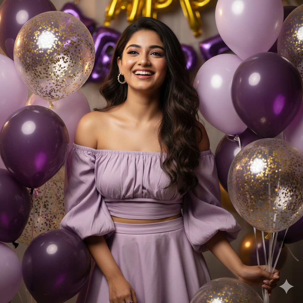 Retro Style Gemini Girl Prompts purple dress