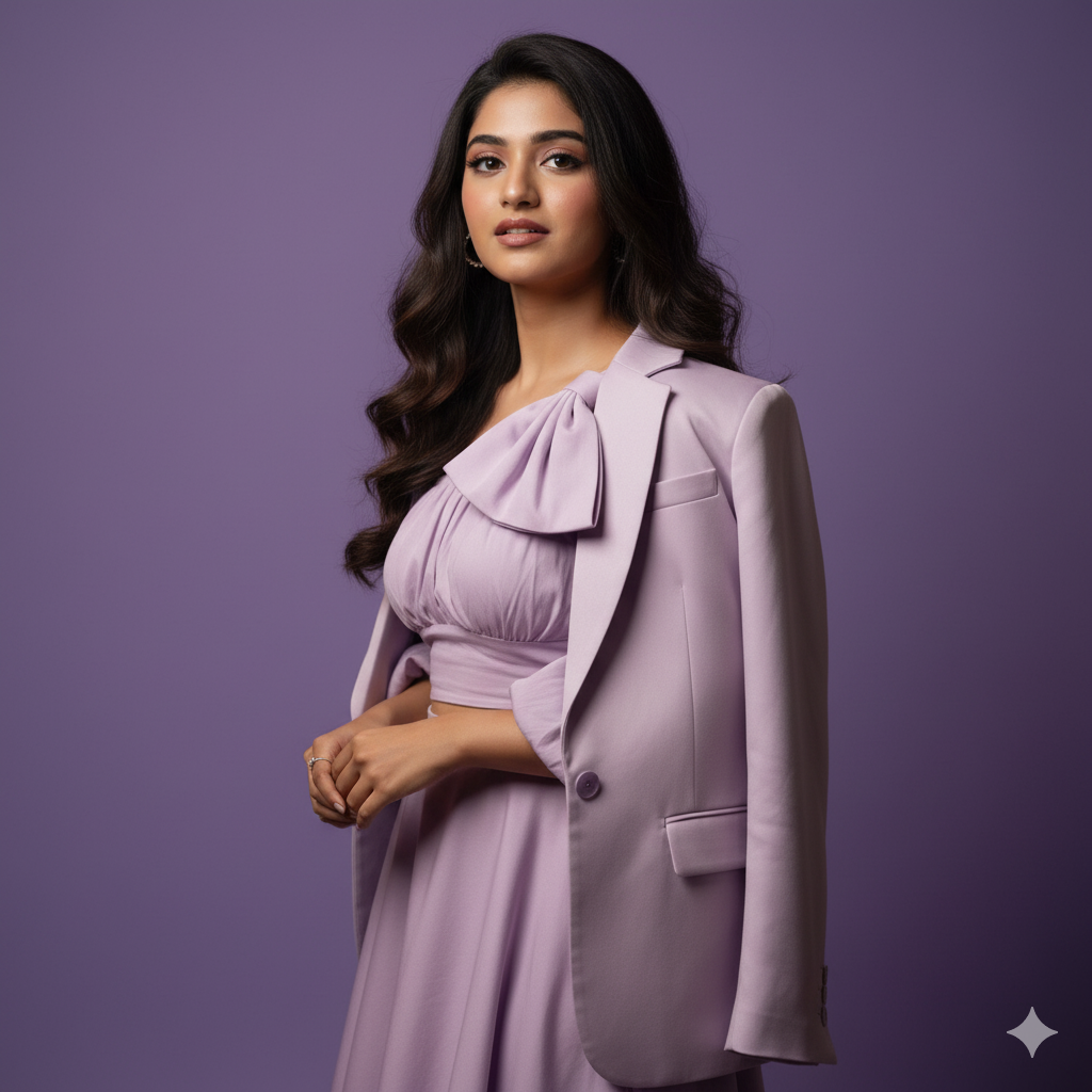 Retro Style Gemini Girl Prompts purple dress