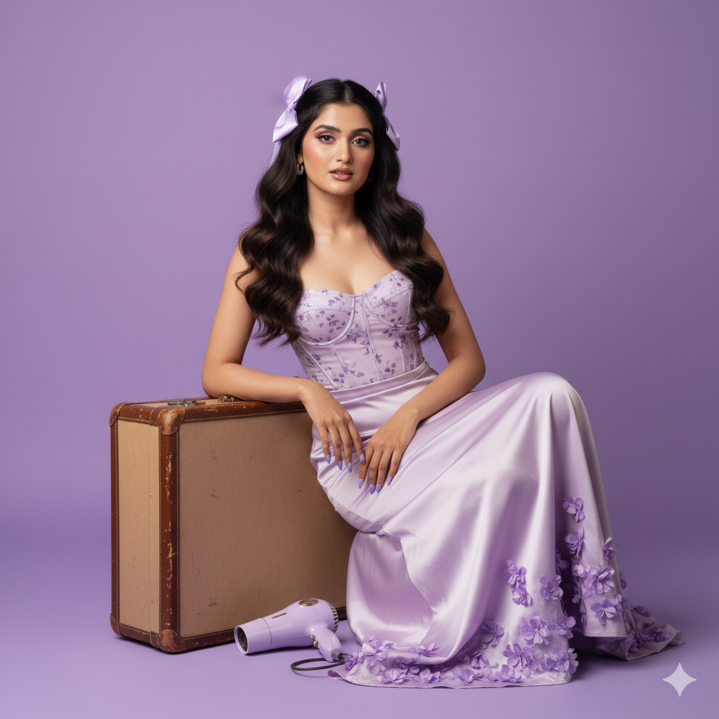Retro Style Gemini Girl Prompts purple dress