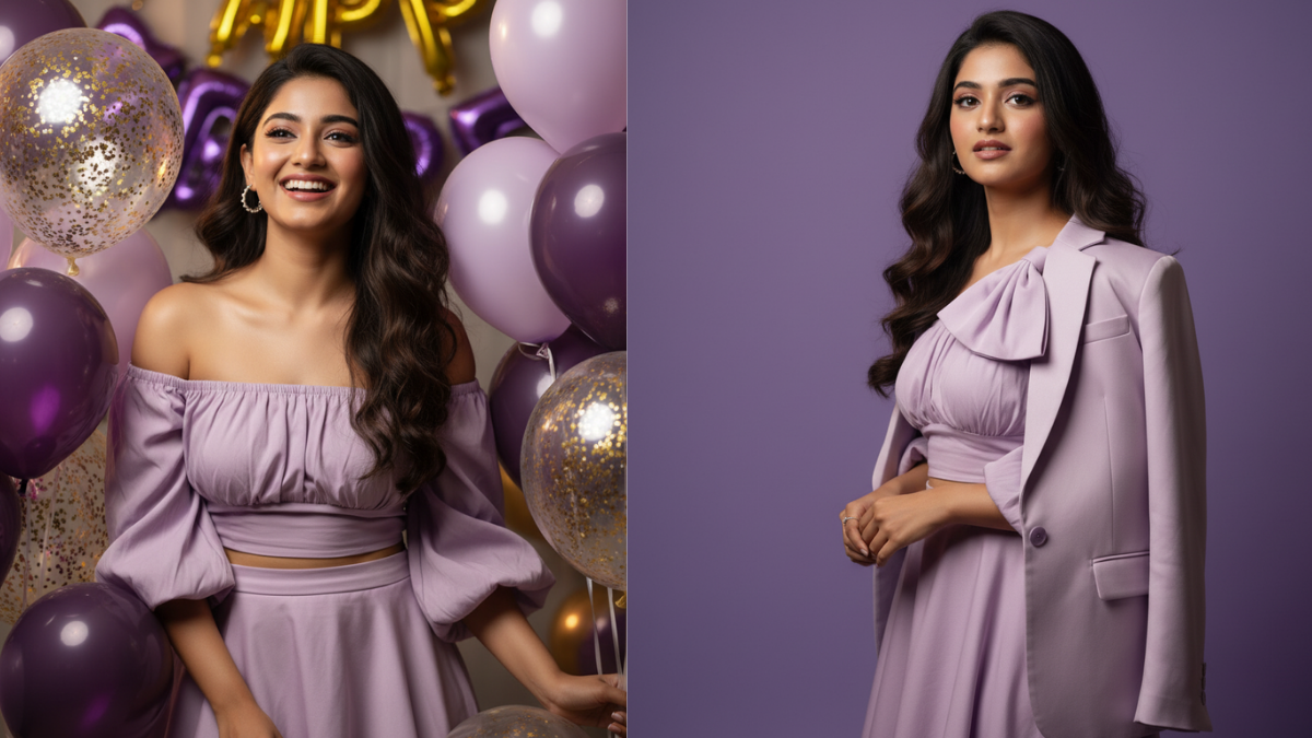 Retro Style Gemini Girl Prompts purple dress